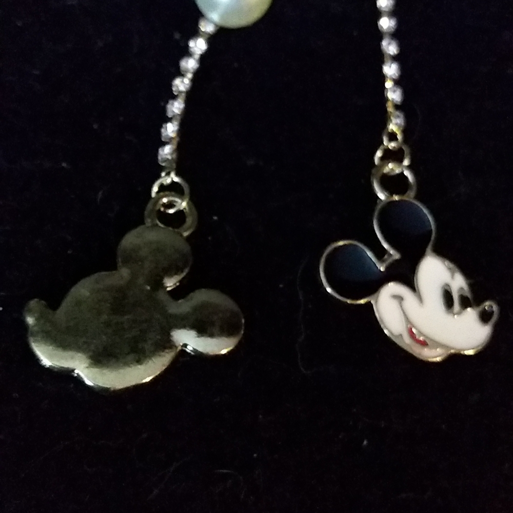 White Pearl and Crystal Dangle Enamel Mickey Mouse Earrings - Picture 3 of 4